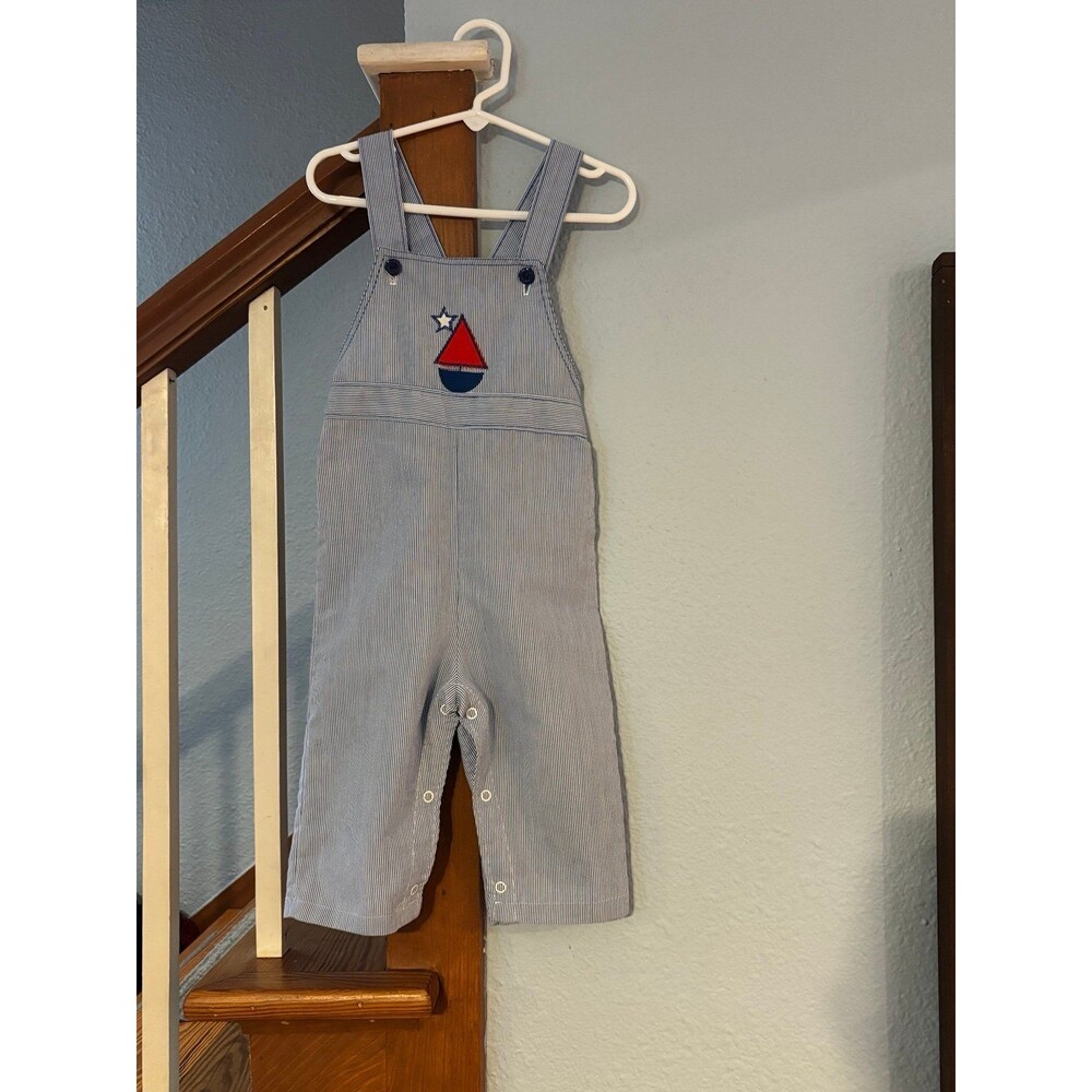 Vintage HealthTex Sailboat PinStripe Overalls nautical Unisex 24 Months boat